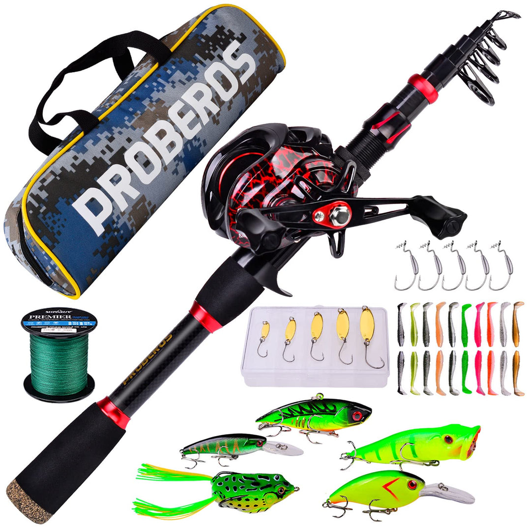 Angelrute und Rolle Combo, 2,1 m Kohlefaser Teleskop Angelrute mit Spinning/Baitcasting Reel Combos,