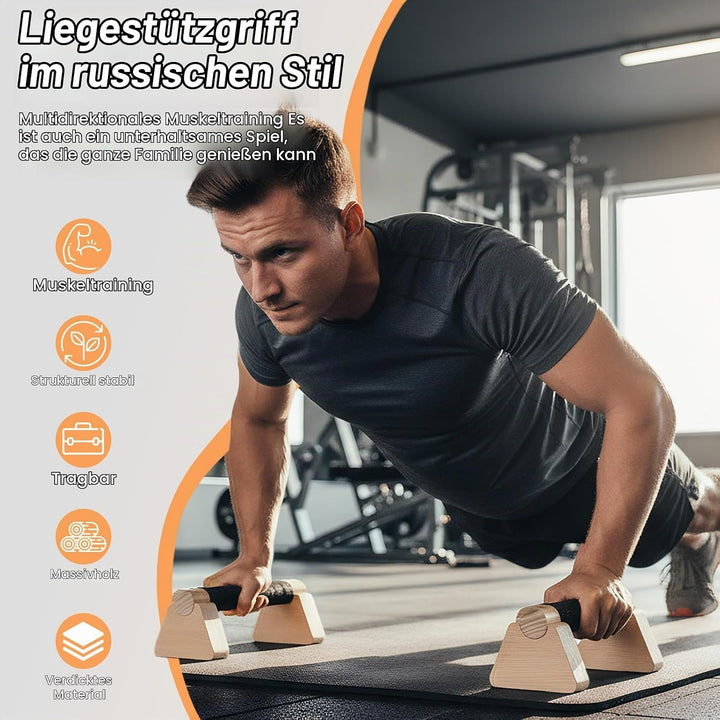 Liegestützgriffe Holz mit Handgelenkbandagen, 2 Stück 25cm Push Up Bars, Gelenkschonende Parallettes