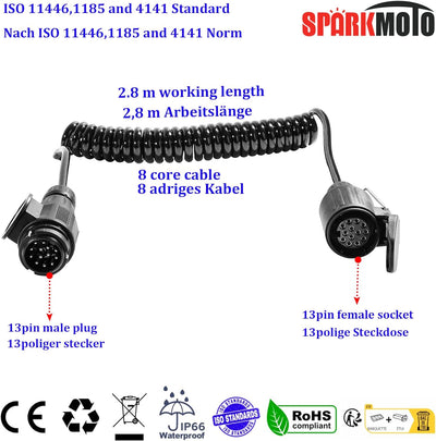 SPARKMOTO Anhänger Verlängerungskabel 12V 13 polig Anhänger Adapterkabel,Spiral Anhänger Verlängerun