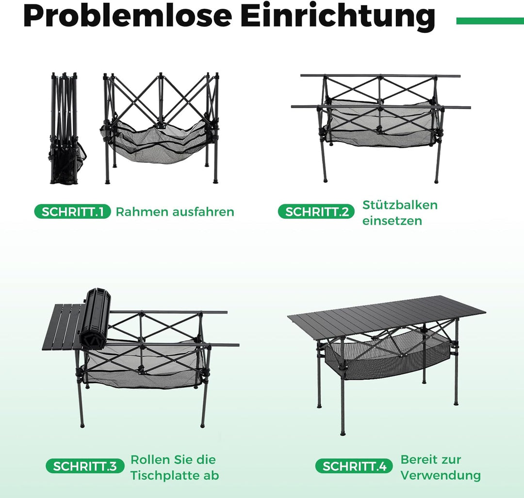COSTWAY Campingtisch klappbar 119x55cm, Klapptisch mit aufrollbarer Aluminium-Tischplatte & Netzkorb