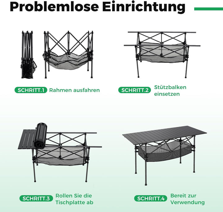 COSTWAY Campingtisch klappbar 119x55cm, Klapptisch mit aufrollbarer Aluminium-Tischplatte & Netzkorb
