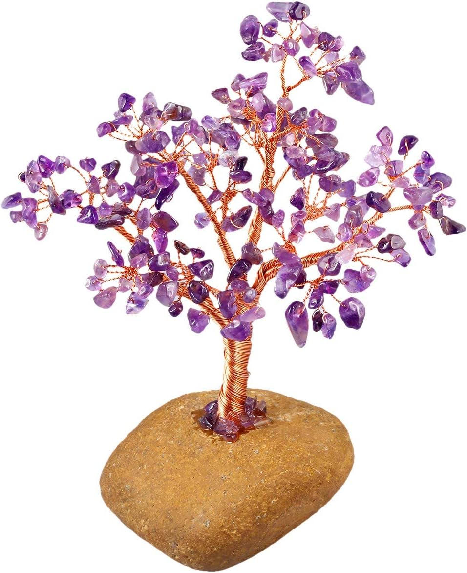 KYEYGWO Geld-Baum eingewickelt auf Steinbasis-Bonsaiskulptur-Figur für gutes Glück Amethyst 15CM-21C