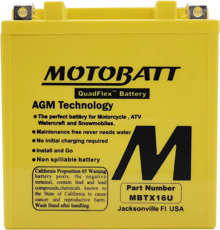 MotoBatt MBTX16U (12V 19 Amp) 250CCA Factory Activated QuadFlex AGM Battery