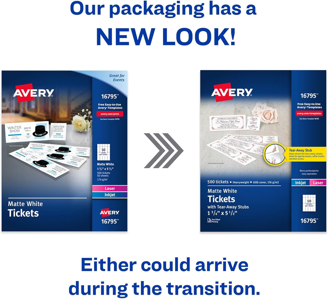 Avery 16795 Tickets mit abreissbaren Noppen, 3,5 x 13,7 cm, matt, Weiss, 500 Stück 500 Tickets, 500 
