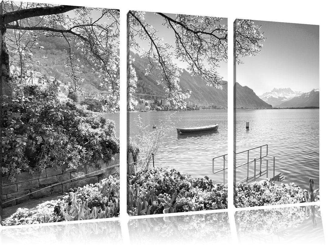 Pixxprint Genfer See im Sonnenschein / 3-Teilig/Gesamtmass 120cm Leinwandbild bespannt auf Holzrahme