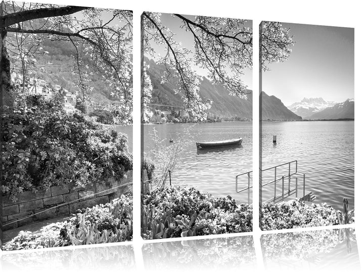 Pixxprint Genfer See im Sonnenschein / 3-Teilig/Gesamtmass 120cm Leinwandbild bespannt auf Holzrahme