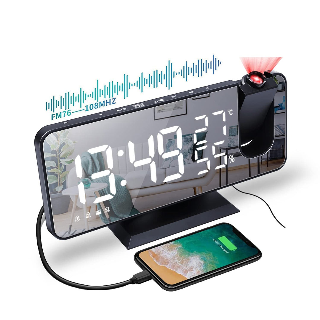 Projektionswecker, Radiowecker Digitaler Wecker mit FM-Radio, 7" LED Spiegelbildschirm, Dual-Alarm m