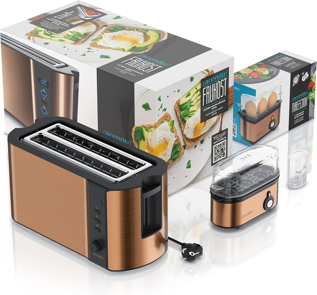 Arendo - Set Toaster FRUKOST mit Eierkocher THREECOOK Edelstahl Kupfer, Toaster 4 Scheiben, LED-Disp