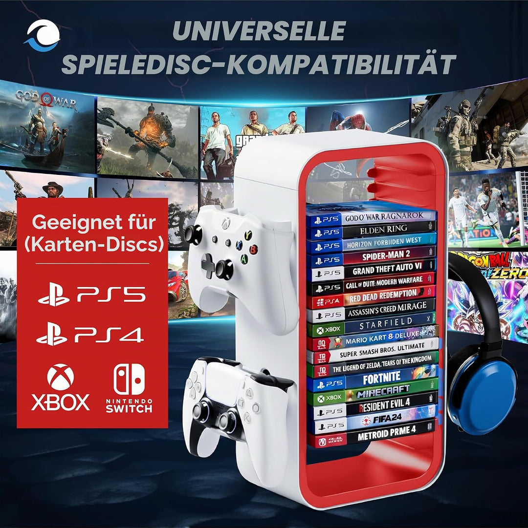 Universal Games Storage Tower Pro - Bis zu 18 Spiele - Mit Controller Halterung für bis zu 4 Gamepad