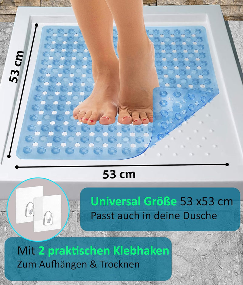 Blumbach® Duschmatte rutschfest 53x53cm - 100% BPA-frei - Inkl. 2 Haken zum Aufhängen - griffige Ant