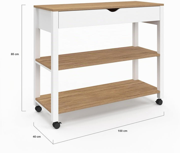 IDMarket - Küchenwagen PENH XXL mit Schublade und Arbeitsplatte, weiss, Platten in Buche-Optik, Läng