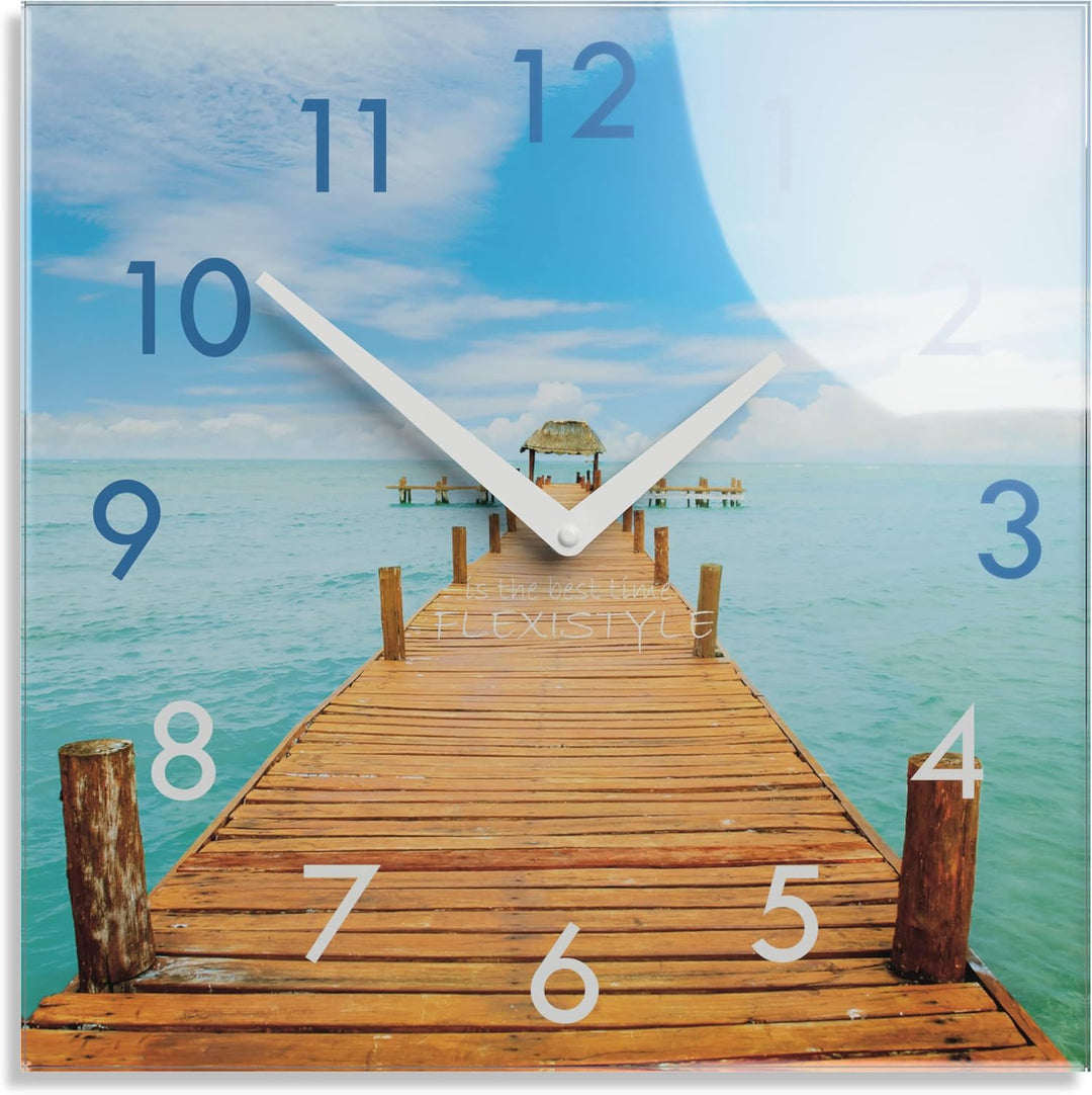 FLEXISTYLE Wanduhr küche Wohnzimmer 30 x 30 cm, aus Glas, mit Direktdruck eckig modern (Urlaubserinn