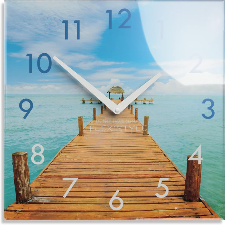 FLEXISTYLE Wanduhr küche Wohnzimmer 30 x 30 cm, aus Glas, mit Direktdruck eckig modern (Urlaubserinn