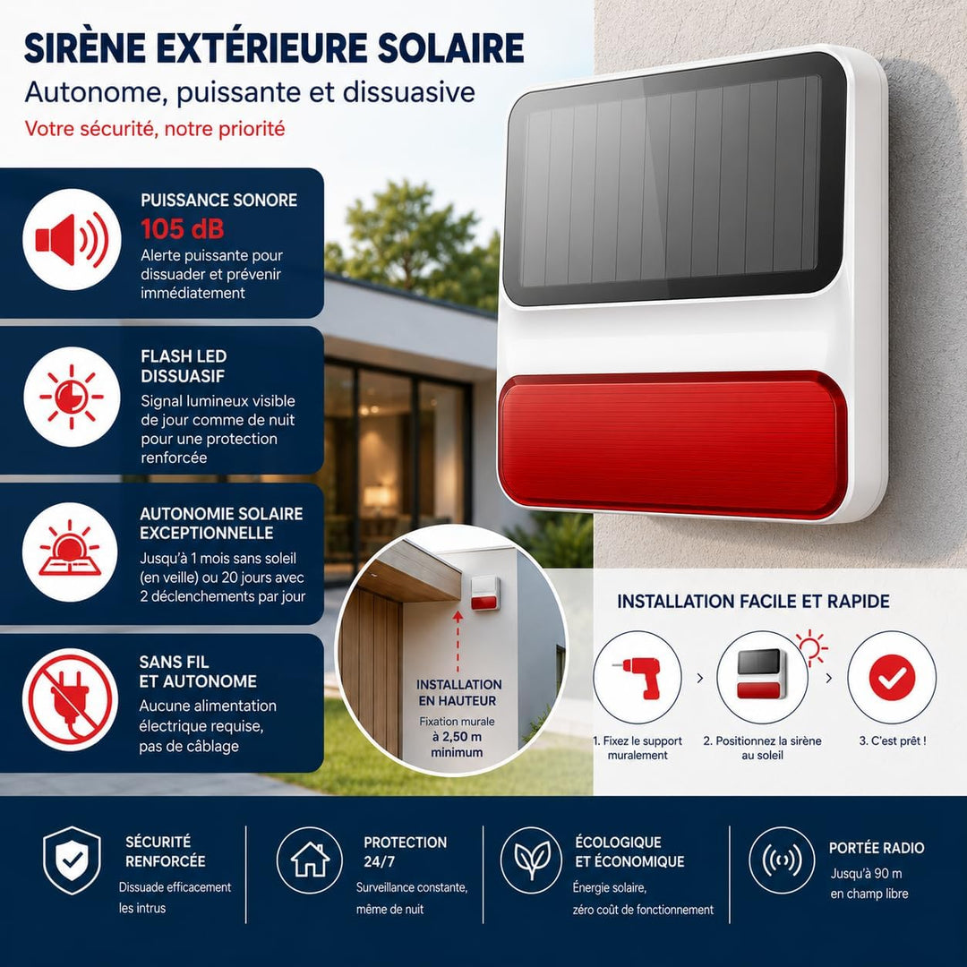 DAEWOO Outdoor Solar Wireless Sirene WOS501S für DAEWOO SA501 Alarme mit Akku-Backup, Schallleistung