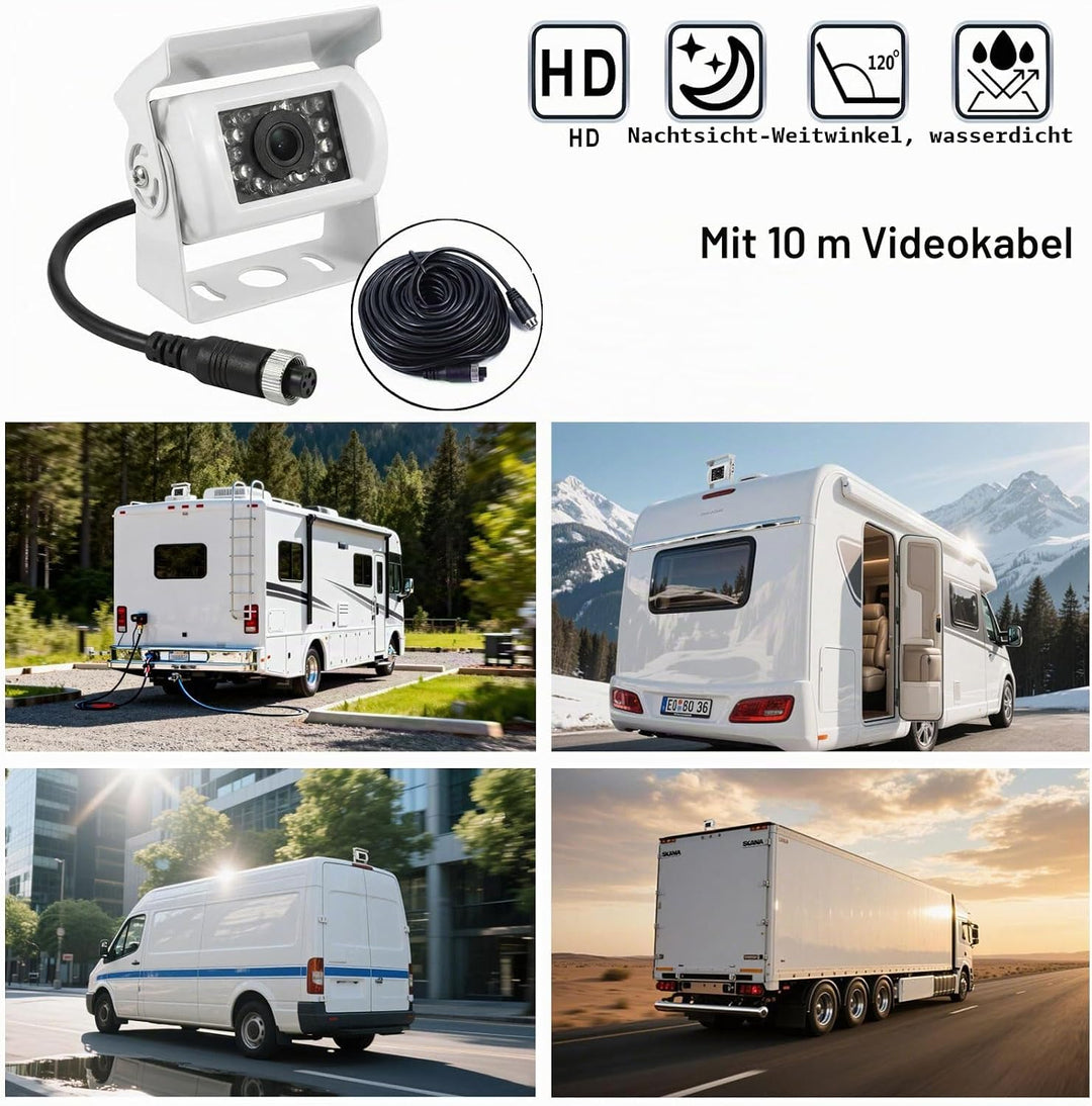 4-Pin Rückfahrkamera für LKW, 18 LEDs Nachtsicht, wasserdicht, 10 m Kabel | Weiss, Wasserdicht, IR N