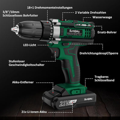 Sundpey Akkuschrauber 21V, Akku Bohrschrauber Set mit 2 Akkus 2.0Ah, 45Nm Max Akku Bohrmaschine, 2-G