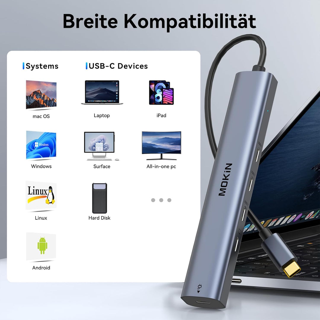 MOKiN 10Gbps USB C HUB, MacBook Adapter USB HUB mit 4K@60Hz Video Output, 100W PD Charging, USB C Da