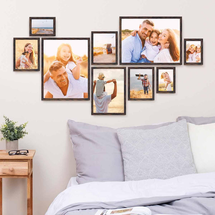 PHOTOLINI dunkel Eiche Bilderrahmen Set verschiedene Grössen, 9 Bilderrahmen braun Holz MDF, Bilder
