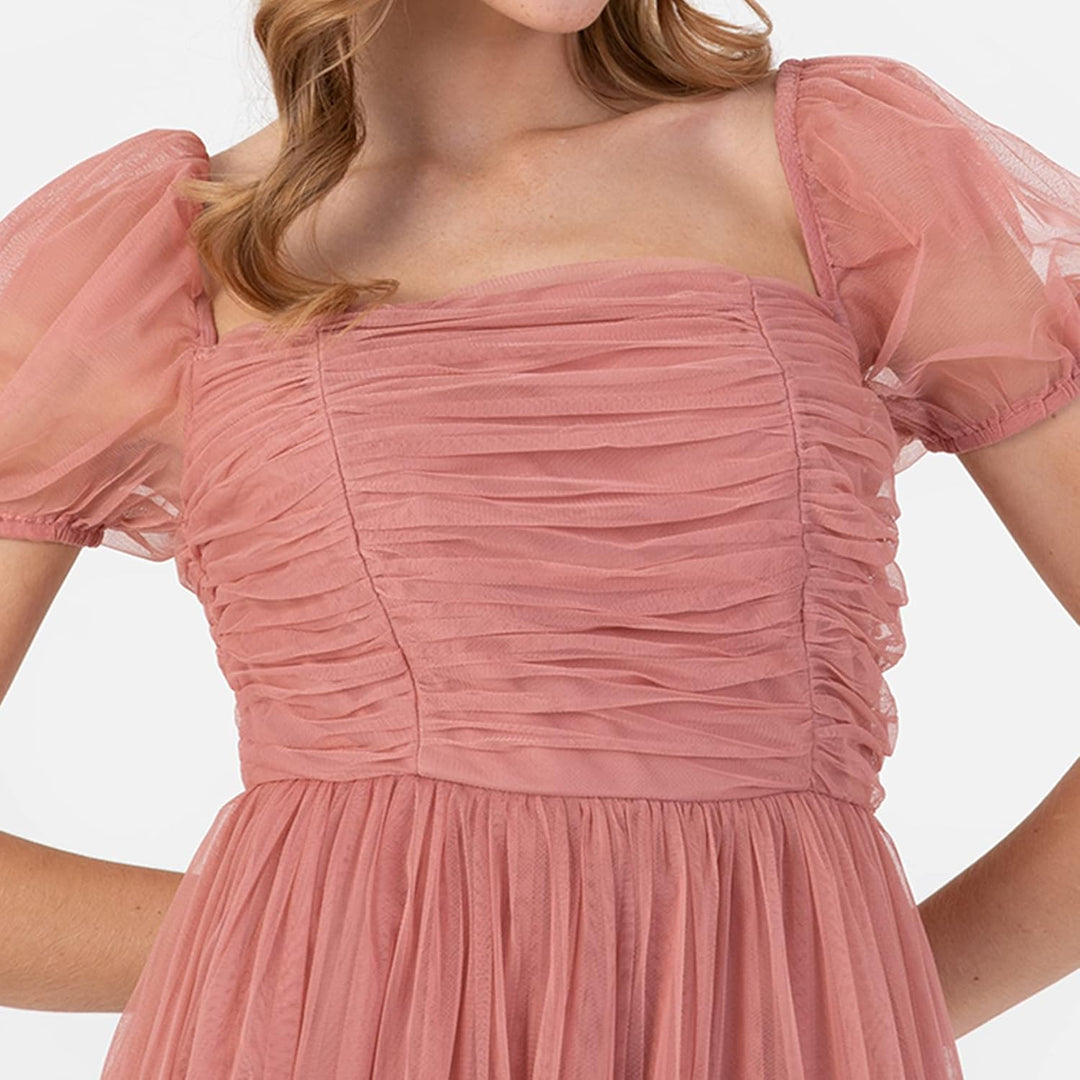 Anaya with Love Damen Ladies Midi Dress Women Short Puffed Sleeve Square Neck Frilly for Wedding Gue