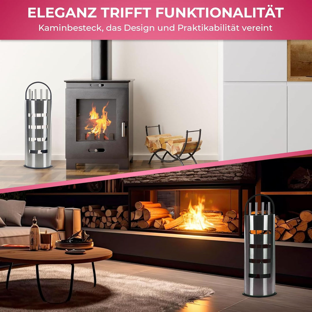SULENO Kaminbesteck LONDON 5-teilig Kamingarnitur mit Ascheschaufel Besen Schürhaken, Kaminset & Hal