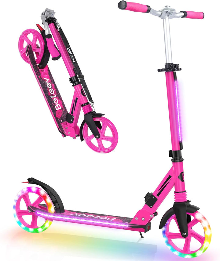 BELEEV V8 Big Wheel Scooter mit LED Leuchtenden Lenksäule &Deck, Höhenverstellbar, ABEC-9, 200mm Räd