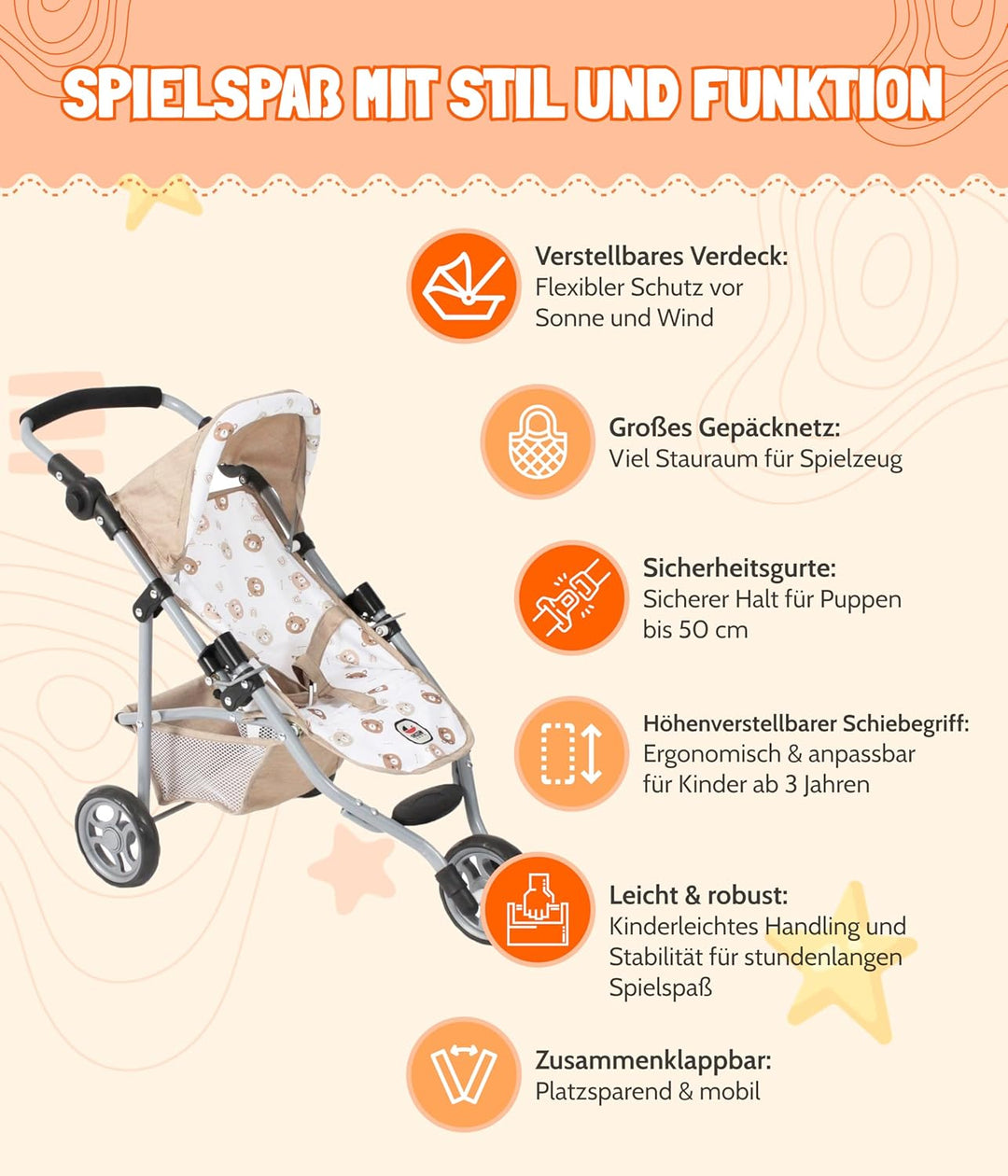 Bayer Chic 2000 - Puppenbuggy Lola, Kinderwagen für Puppen bis ca. 50 cm Grösse, Jogging-Buggy, Pupp