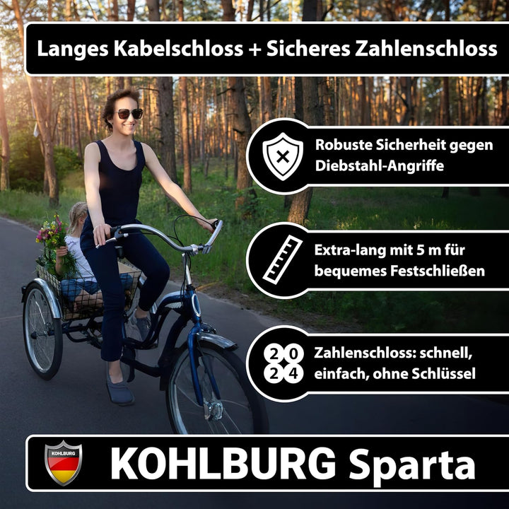 KOHLBURG Kabelschloss 5 Meter lang mit Zahlenkombination - 500cm Zahlenschloss - Stahlseil Schloss 5