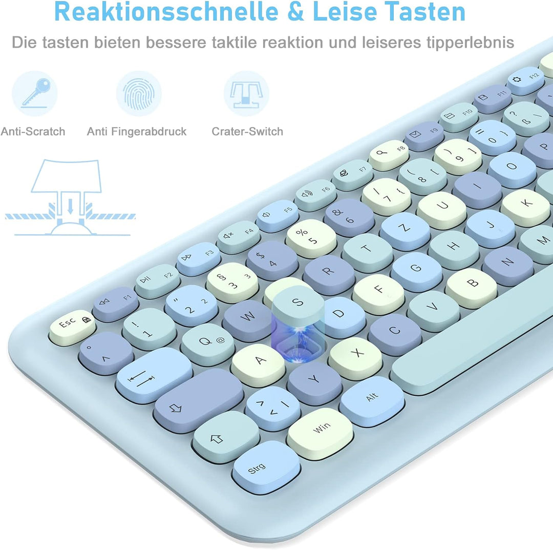 PINKCAT Tastatur Maus Set kabellos farbig, 2.4G Bunte Funktastatur mit Maus Retro Tastatur Cute Wire