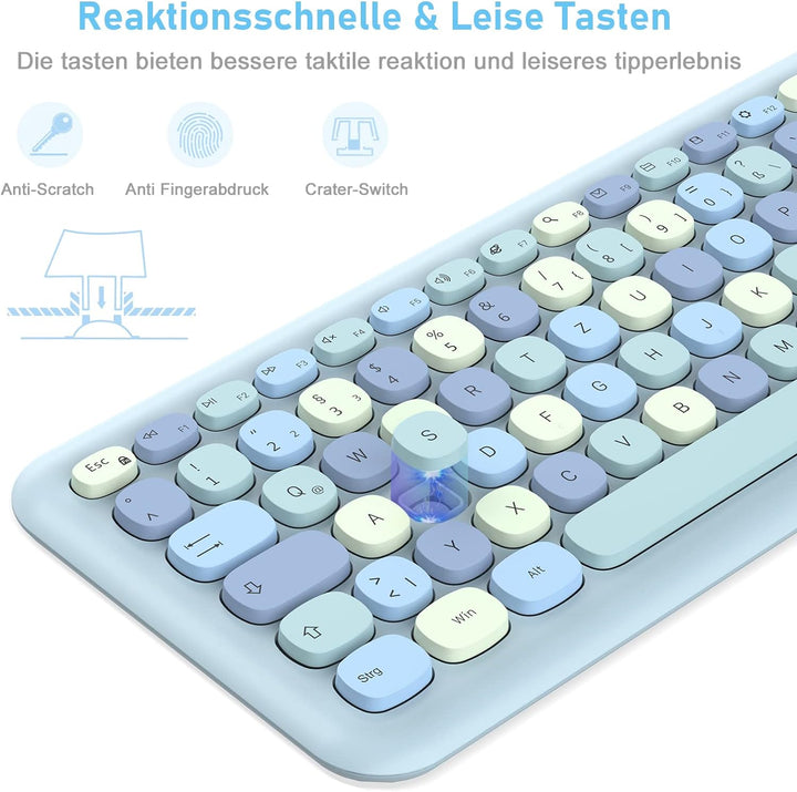 PINKCAT Tastatur Maus Set kabellos farbig, 2.4G Bunte Funktastatur mit Maus Retro Tastatur Cute Wire