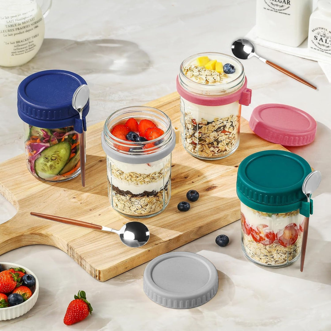 UCAMP 600ml Glas Müslibecher to go mit Deckel und Löffel,4er Set joghurtbecher to go,Einmachgläser O