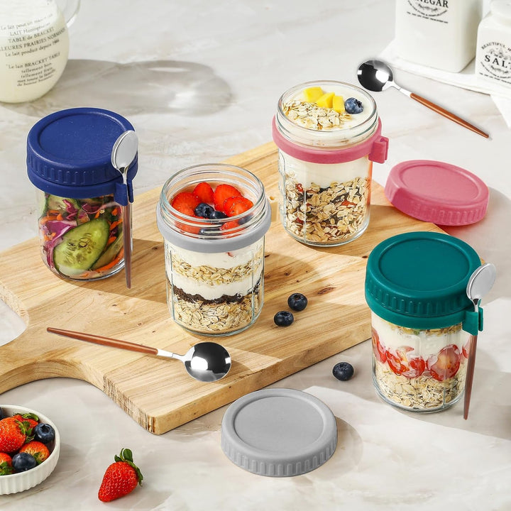 UCAMP 600ml Glas Müslibecher to go mit Deckel und Löffel,4er Set joghurtbecher to go,Einmachgläser O