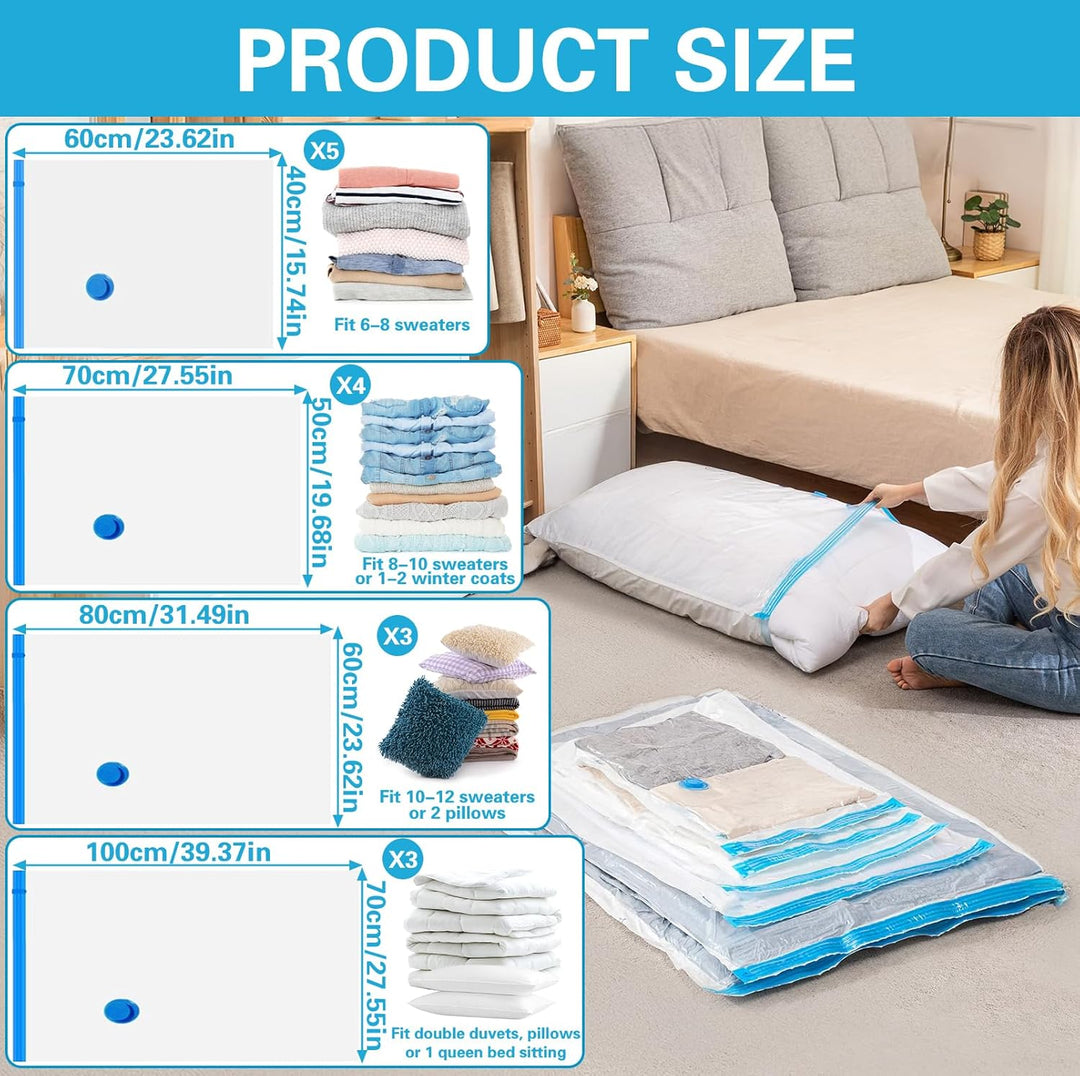 Vakuumbeutel für Kleidung mit Elektrischer Luftpumpe, 15PCS Vacuum Bags, 3xJumbo, 3xGross, 4xMittelg