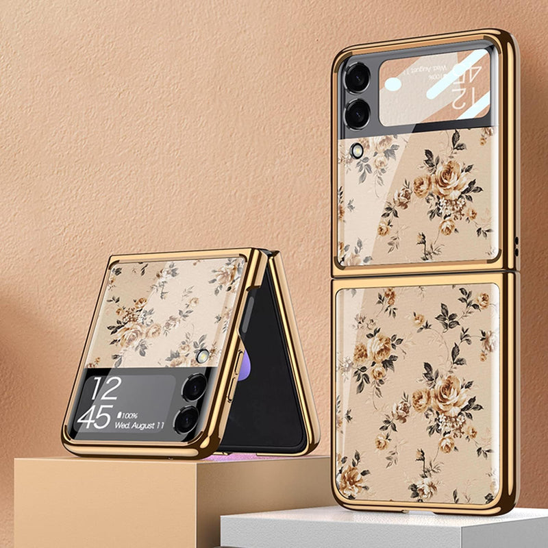 COQUE Galaxy Z Flip 3 5G Hülle,9H gehärtetes Glas Glänzend farbige Blumen Handyhülle, klappbare Hand