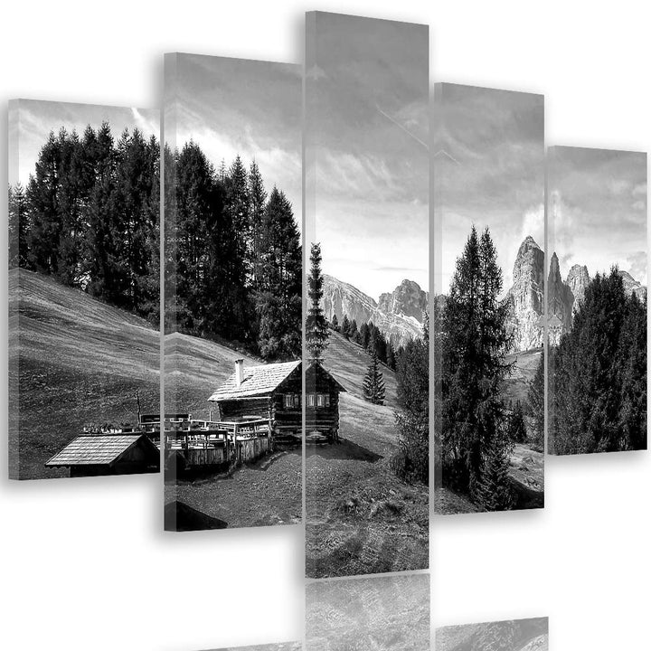Feeby Bilder Berge 200x100 cm - Leinwandbild 5 Teilig XXL Kunstdruck Hütte Bäume grau Leinwandbild X