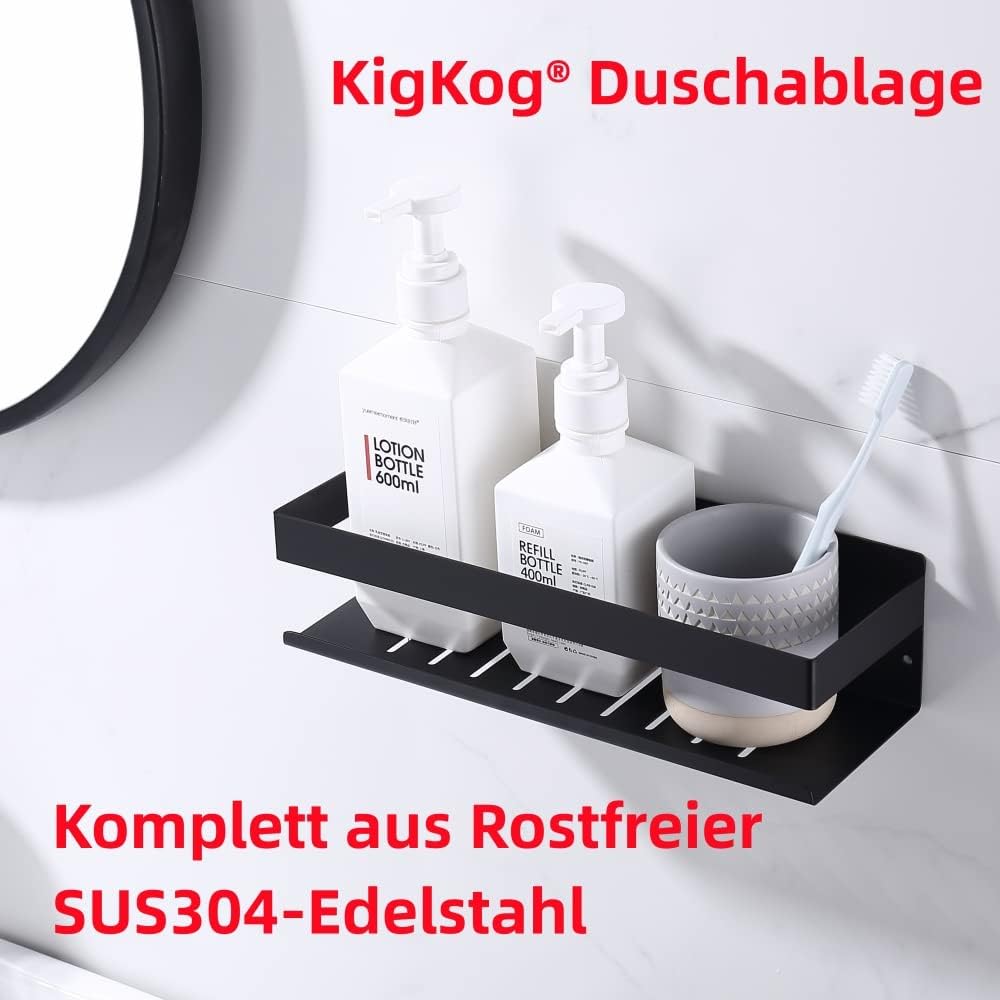 KigKog Duschablage ohne Bohren Matt Schwarz, Duschregal Wandmontage Edelstahl Rostfreier Duschkorb B