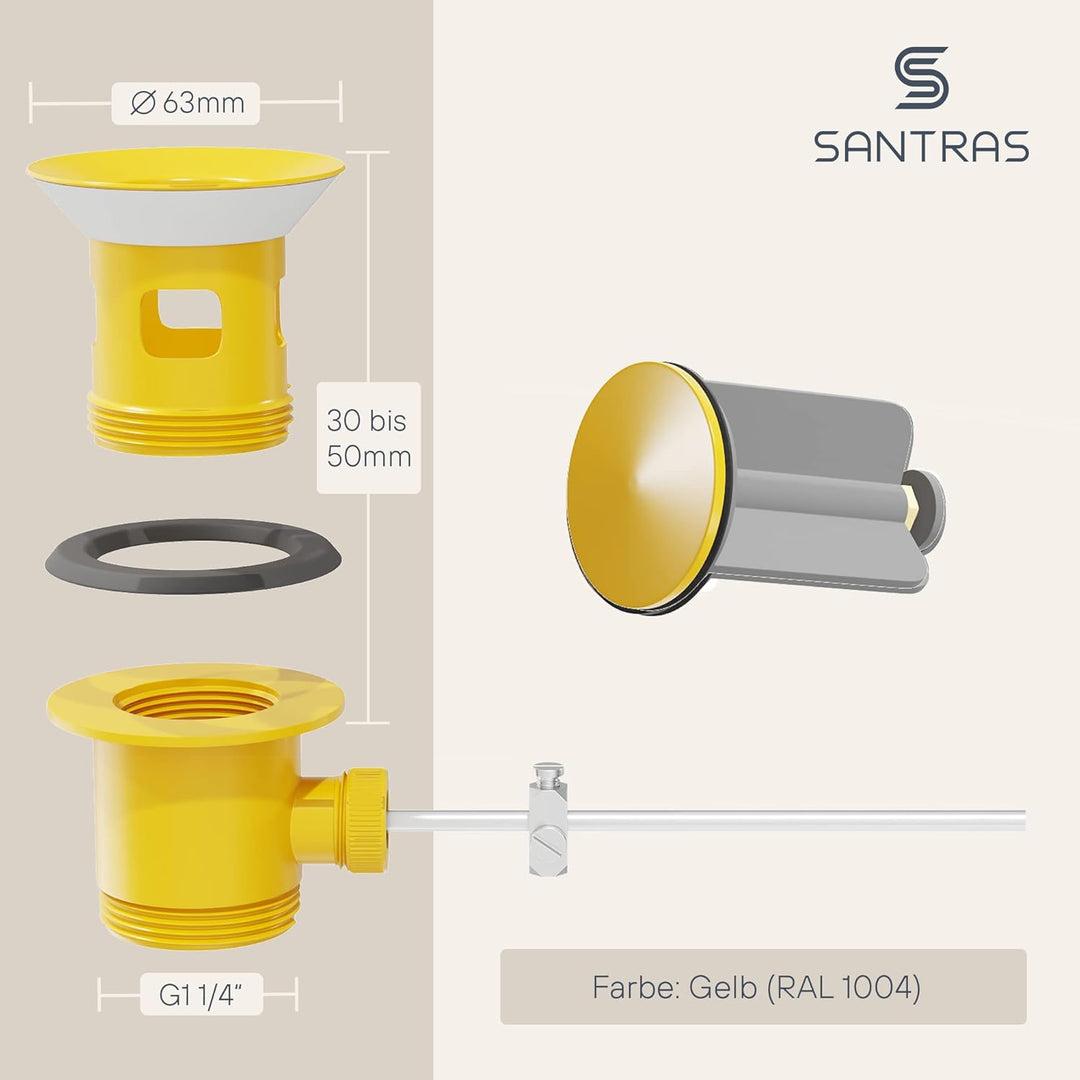 SANTRAS® Exzenter Ablaufgarnitur Premium für Waschtisch mit Schutz vor Überlauf in Gelb – Komplette