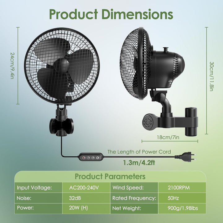 Grow Ventilator mit Clip, 20W Oszillierender Lüfter, 2 Geschwindigkeiten, 90°/120° Doppelschwenk, 31