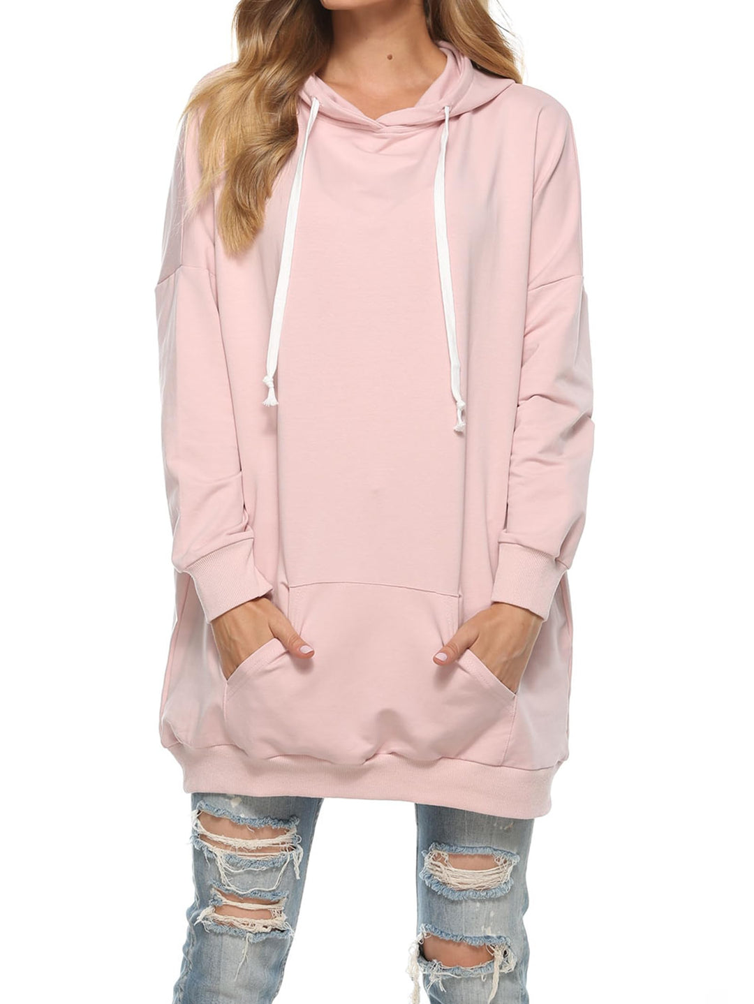 Famulily Damen Oversized Hoodie Kleid Baumwolle Lang Sweatshirt mit Kapuze Einfarbige Kapuzenpullove