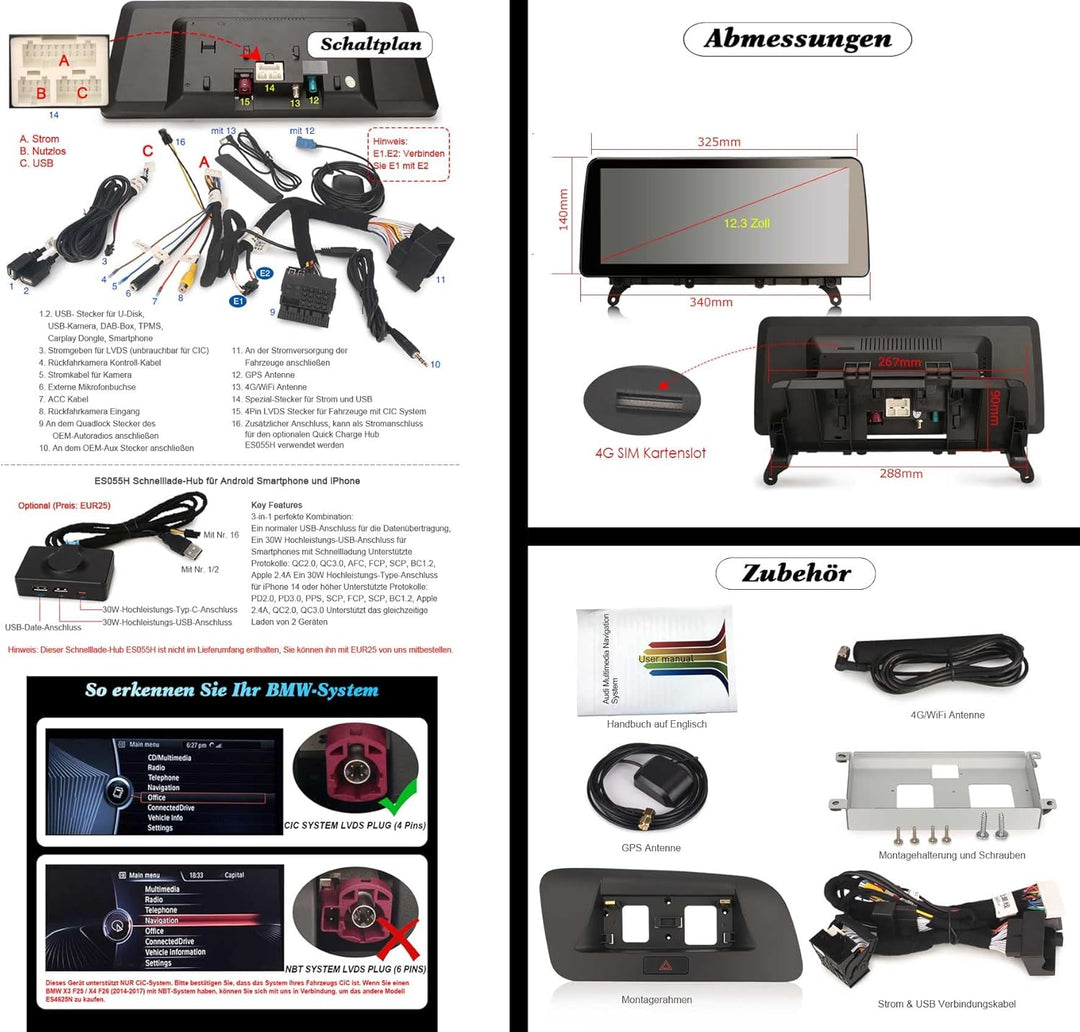 12,3 Zoll 8-Kern 8GB+128GB Android 14 Autoradio für BMW X3 F25 X4 F26 CIC 2011-2013 mit Bluetooth 5.