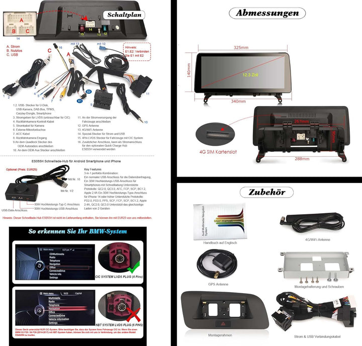 12,3 Zoll 8-Kern 8GB+128GB Android 14 Autoradio für BMW X3 F25 X4 F26 CIC 2011-2013 mit Bluetooth 5.