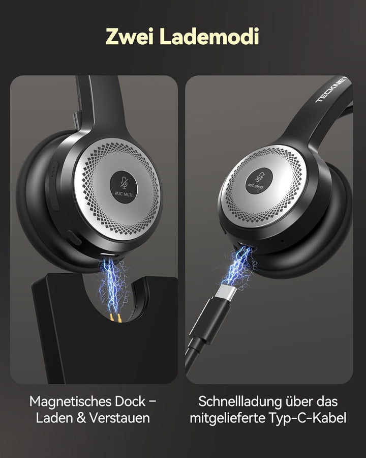 TECKNET Bluetooth Headset mit Mikrofon, PC Headset mit AI Rauschunterdrückung, kabelloses Headset mi