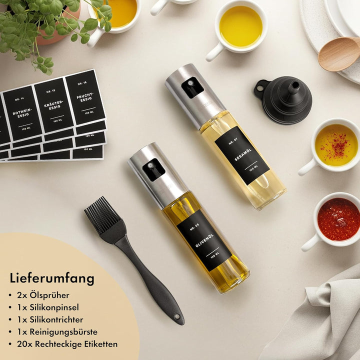 Ölsprüher 2er Set - Hochwertige Öl-Sprühflasche aus Edelstahl & Glas, für gesundes Kochen I Sprüher
