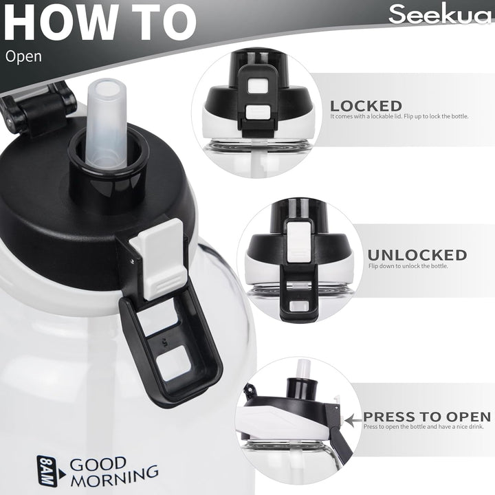 Seekua 2l Sport Trinkflasche Glas Flasche mit Strohhalm & Zeitmarkierung auslaufsicher bpa frei 2 li