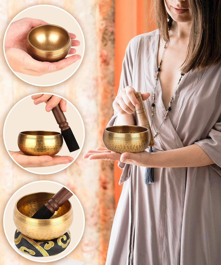 Tibetisches Klangschalen-Set – 100% handgehämmert in Nepal Klangschale für Meditation, Yoga, Chakra,