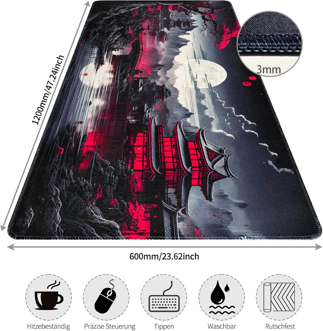 Mousepad XXL, Japanische Kunst Mauspads,1200x600mm Überdimensionales rutschfeste Gummimatten Gaming-
