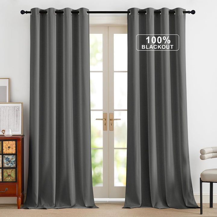 PONY DANCE 100% Verdunklungsvorhänge Grau Thermo Gardinen gegen Hitze | 2er Set, H245 x B140 cm, Vor
