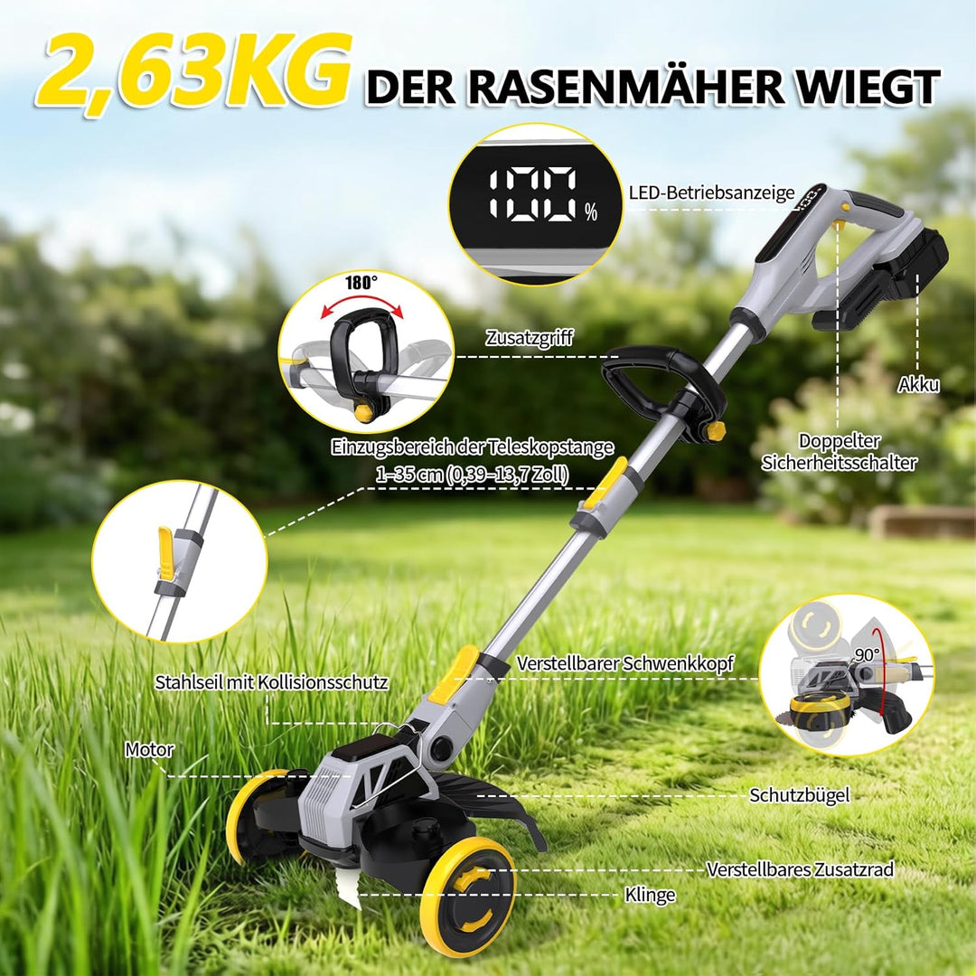 Akku Rasentrimmer mit Unkrautbürste, 21V Bürstenlose Rasenkantenschneide für Makita Akkus,4 in 1 Ele