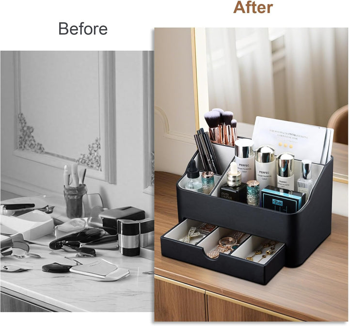 KINGFOM Make Up Kosmetik Organizer, PU Leather Schmink Organizer mit Schublade Skincare Organizer fü