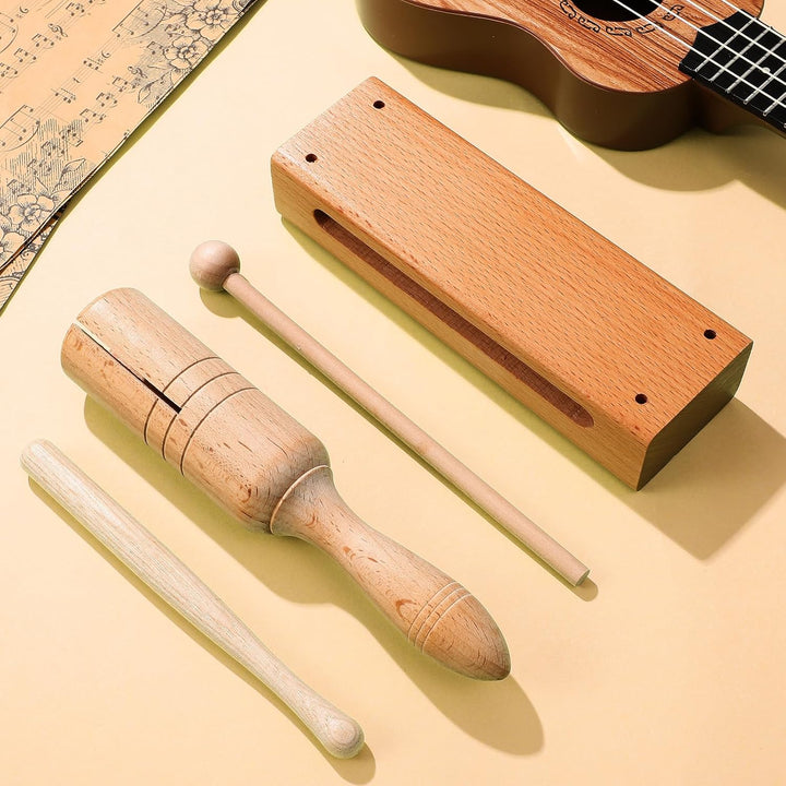 Vaguelly 2 Sätze Holz Orff Instrument Percussion Blöcke und Handtrommel mit Holzschlägeln Rhythmus H