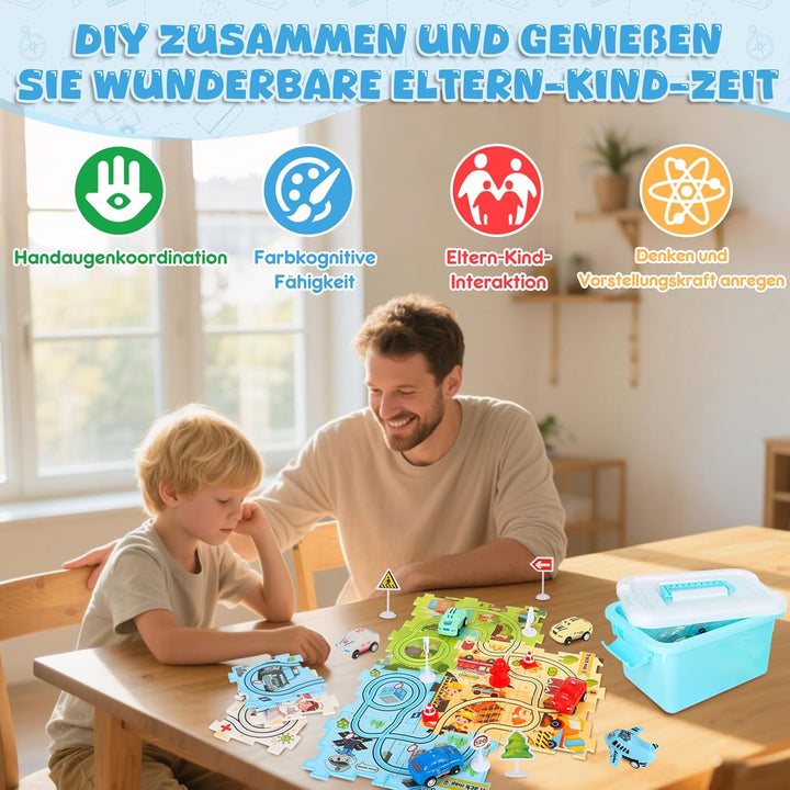 6 Autorennbahn-Sets für Kinder, DIY Rennbahn Puzzle mit 6 Rennauto, Flexible Car Track Spielzeugauto